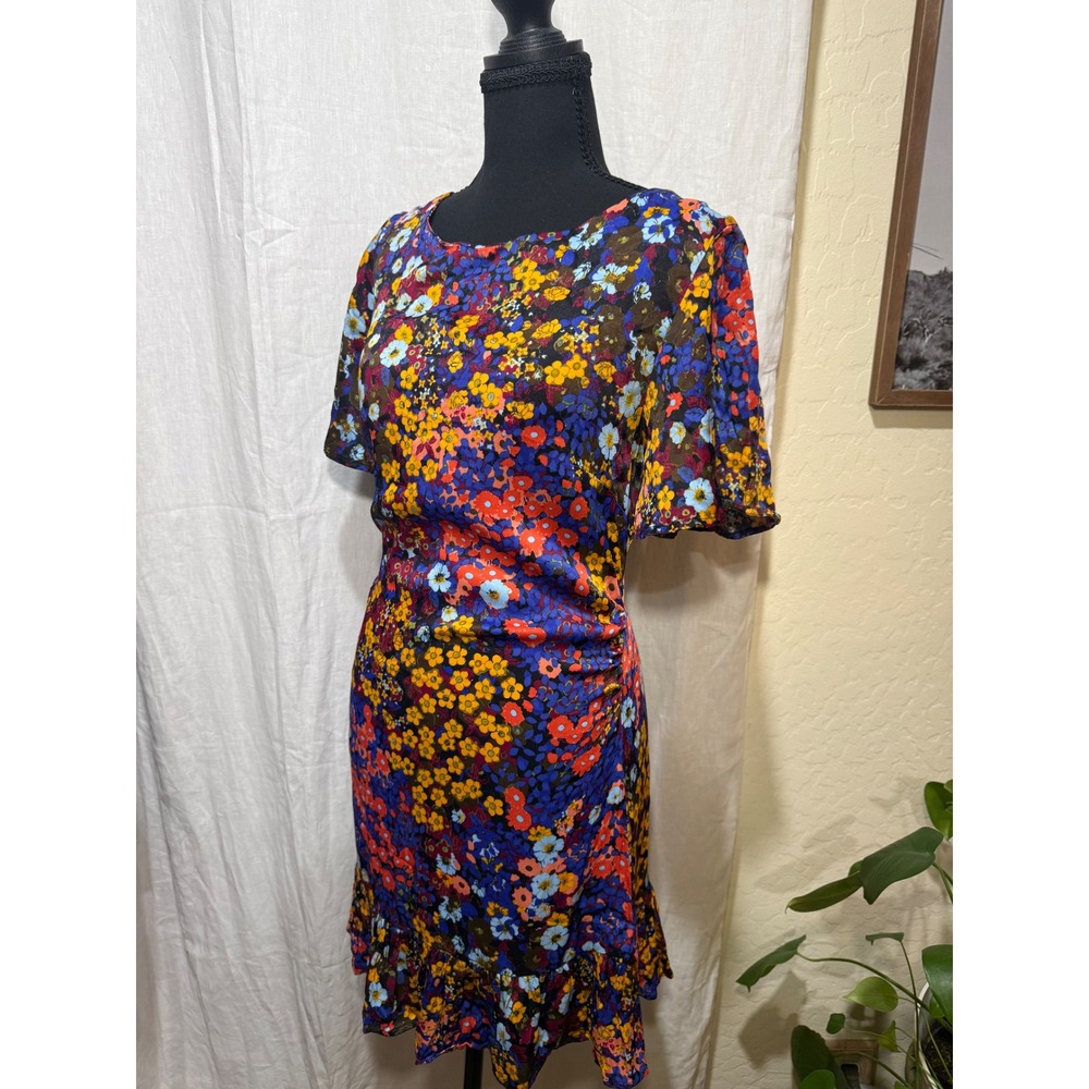 Anthropologie Floral Mini Dress Multi Color Ruched Ruffle Hem Tie Back US 10 - Picture 2 of 5
